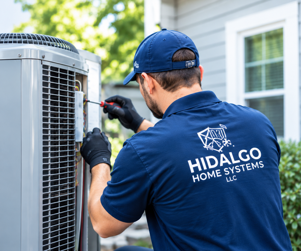 Hidalgo Home Systems technician in a navy uniform repairing an outdoor air conditioning unit